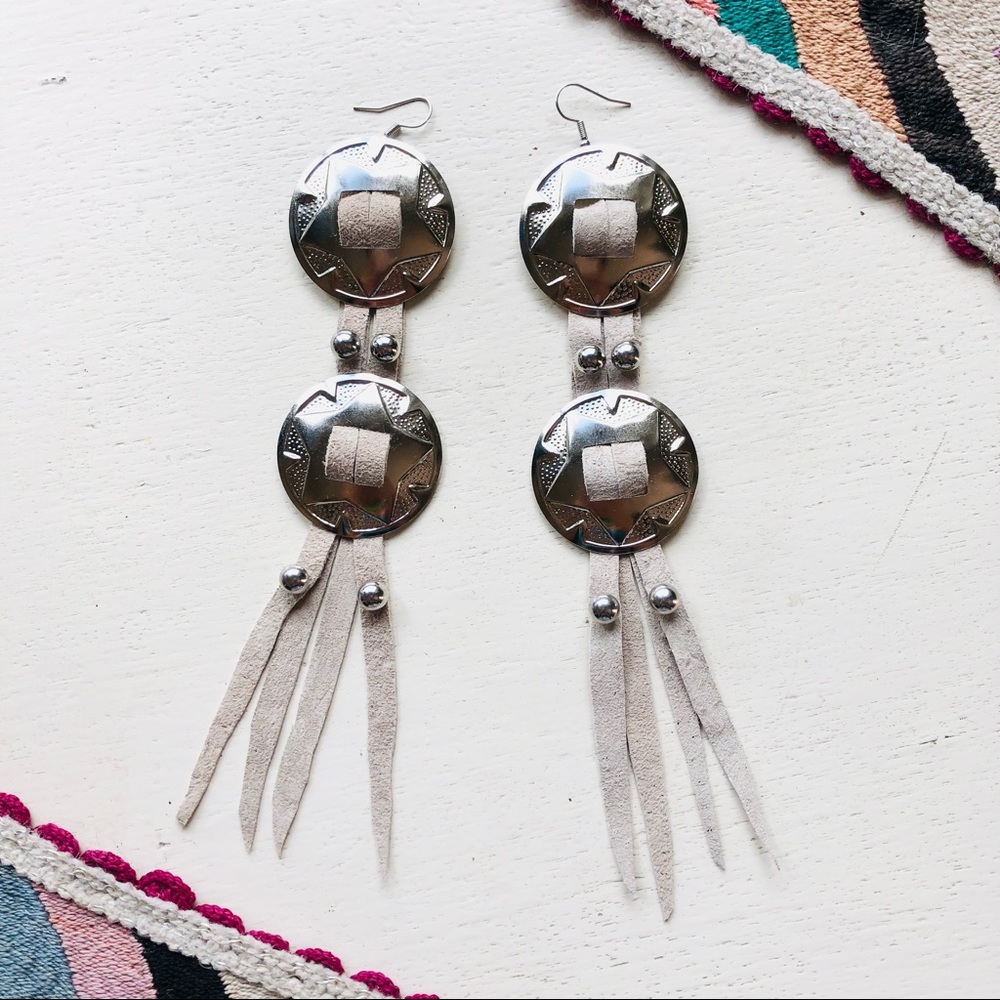Handcrafted Off White Large Genuine Leather Western Silver Concho Earrings - Picture 5 of 10